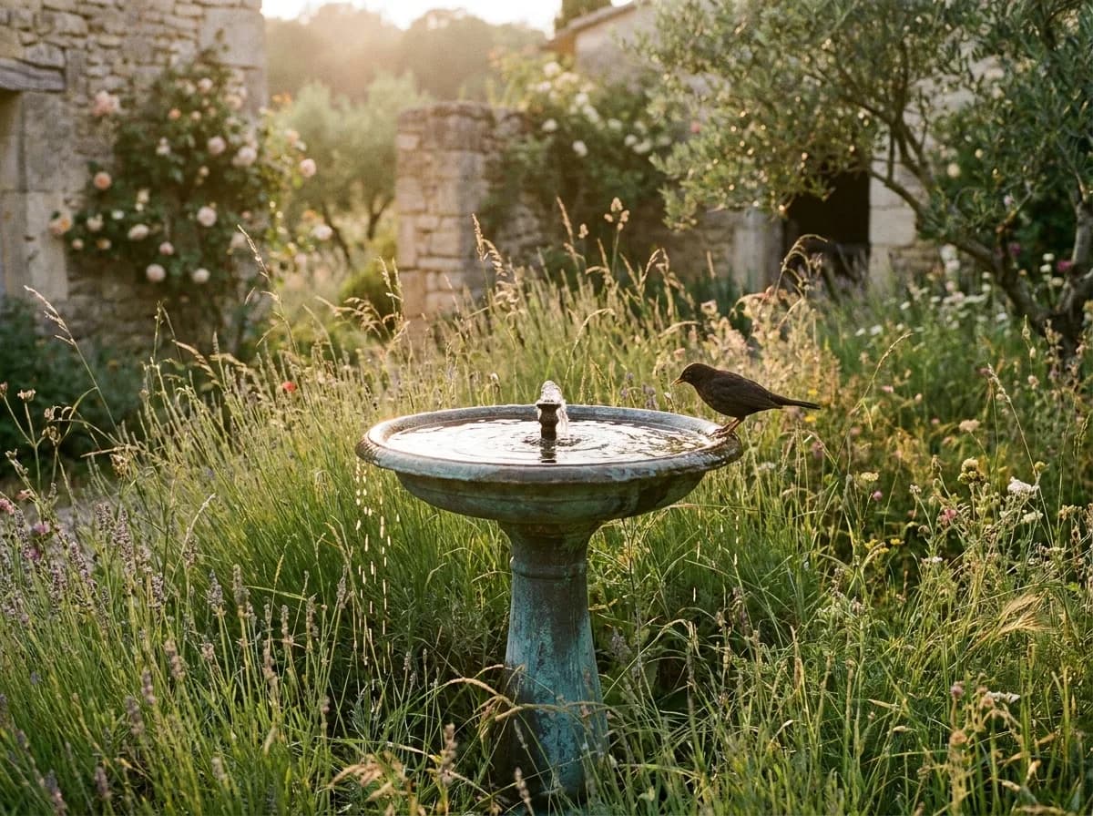 Bain d'oiseaux en bronze avec fontaine, un merle posé sur le rebord, à l'heure dorée