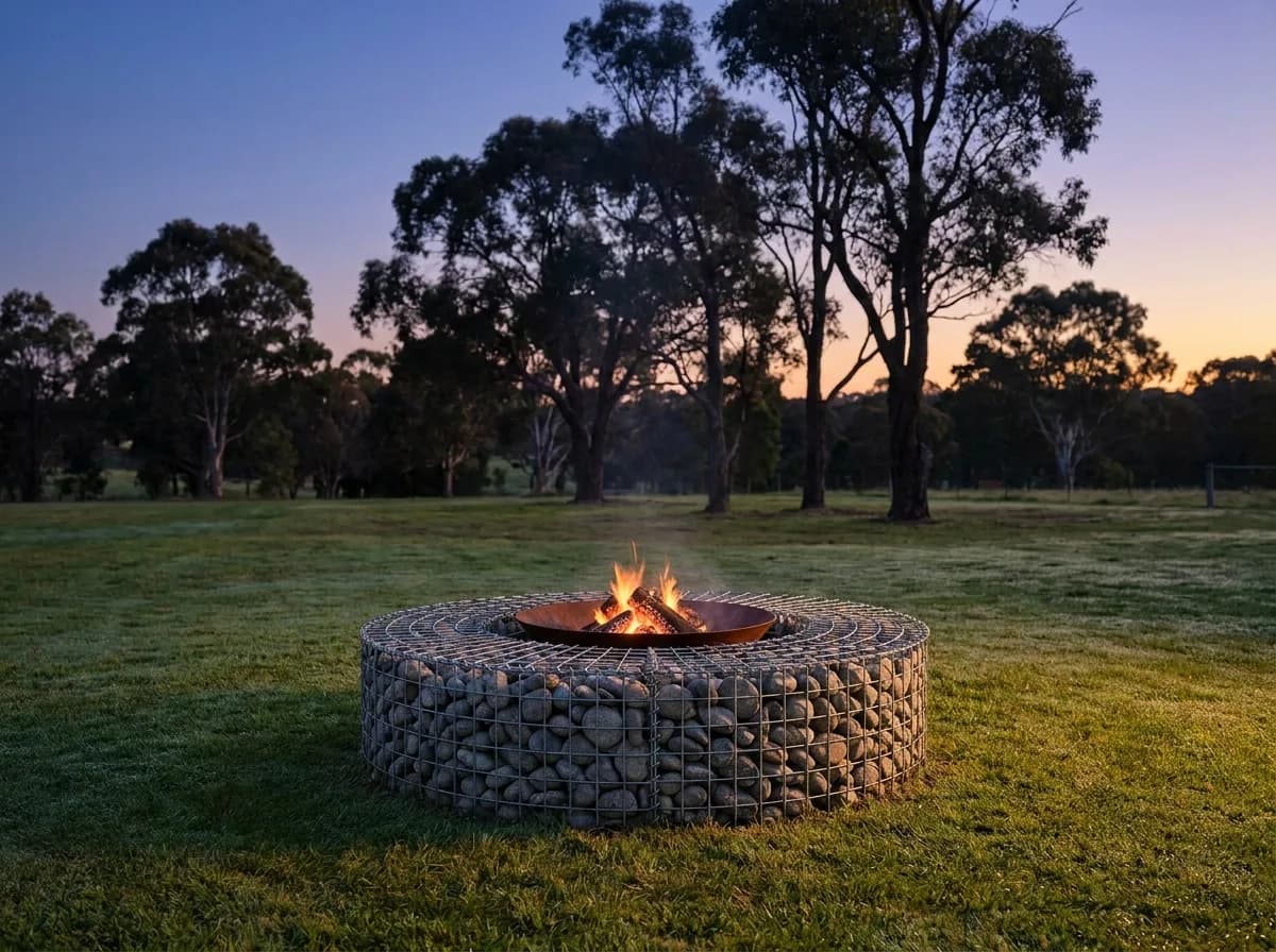 Brasero gabion rempli de pierres avec un feu au centre, sur une pelouse au crépuscule