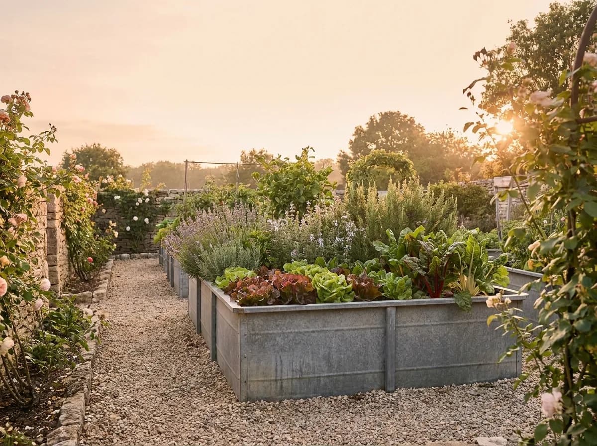 Carré potager surélevé en acier galvanisé planté de salades et de blettes à l'heure dorée