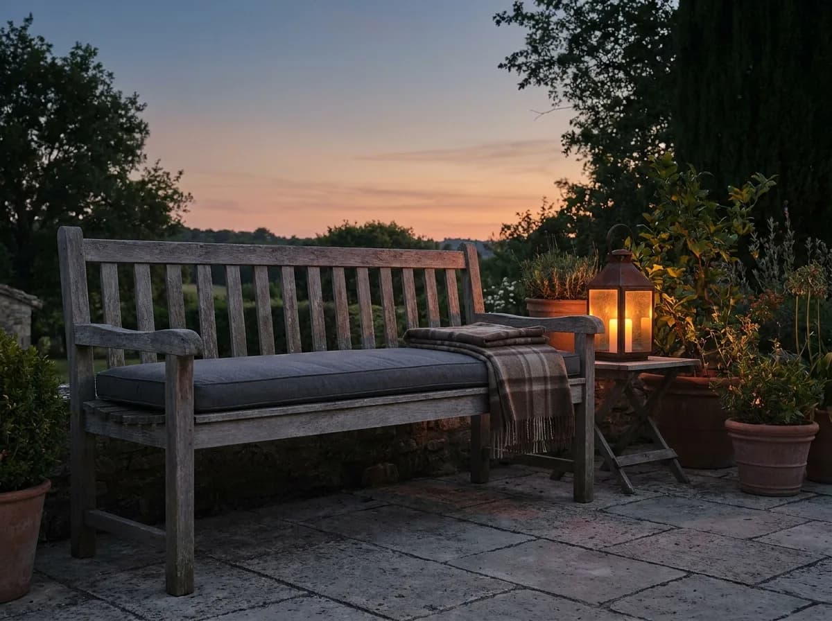 Banc de jardin en bois avec long coussin anthracite et plaid plié, au crépuscule