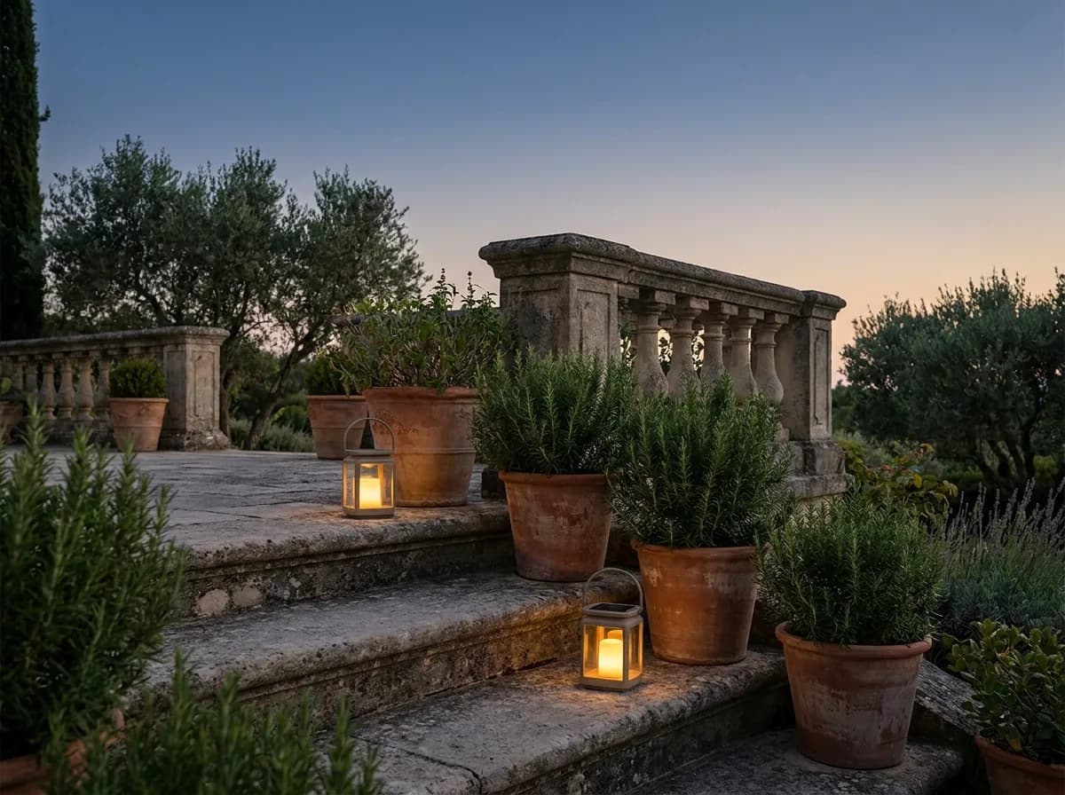 Deux lanternes solaires à la lueur ambrée posées sur des marches en pierre au crépuscule