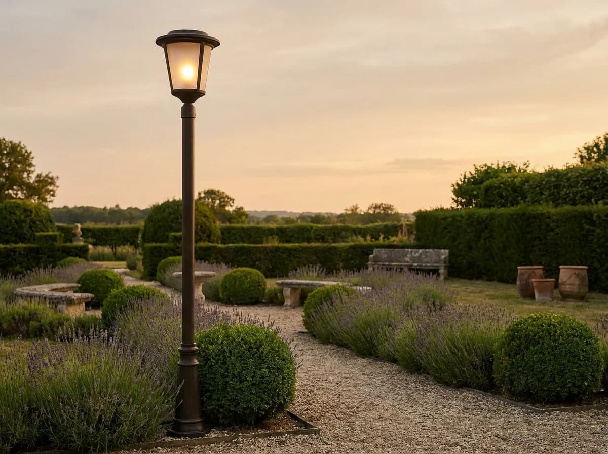 Lampadaire lanterne solaire en bronze allumé au crépuscule le long d'une allée de gravier