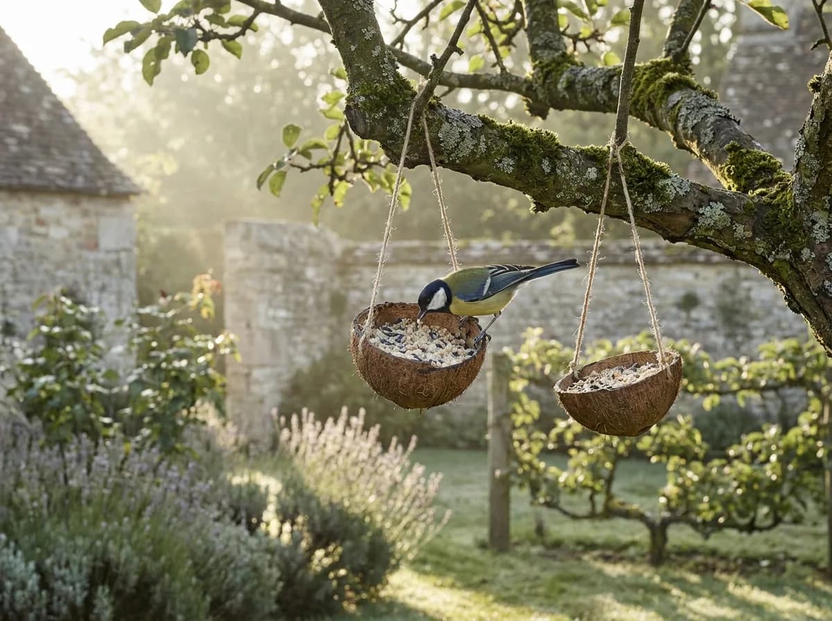 Demi-noix de coco garnies de graines suspendues à une branche, une mésange en train de se nourrir