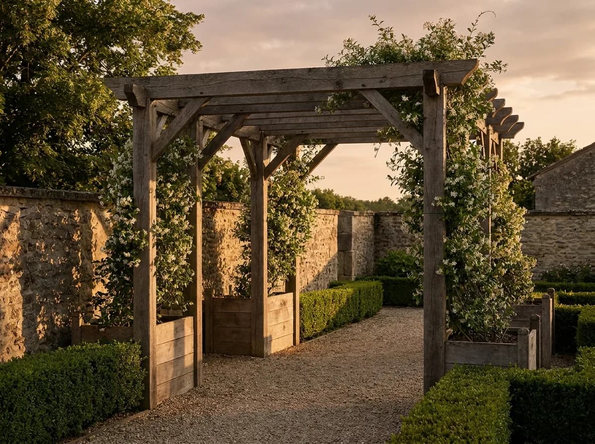 Pergola en sapin massif avec jardinière intégrée et jasmin grimpant à l'heure dorée