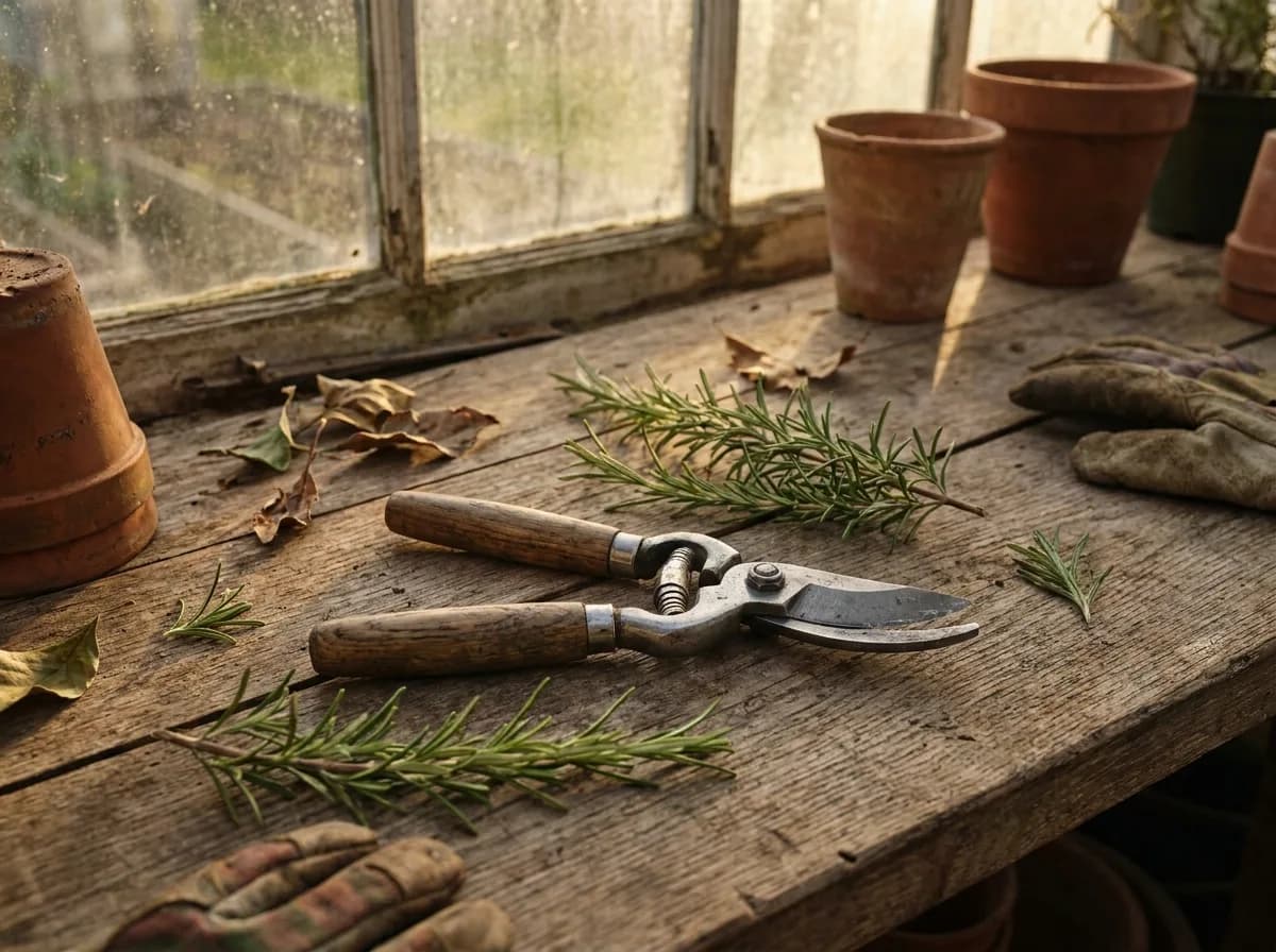 Sécateur à enclume à manche bois posé sur un établi de jardin en chêne avec du romarin
